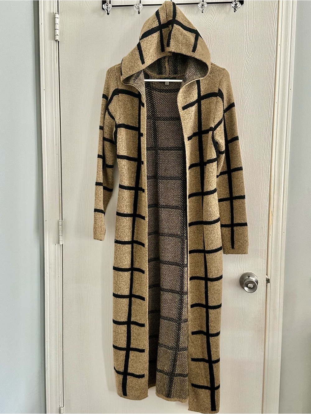 Long Hooded Grid-Pattern Cardigan - Camel/Black Size S - Picture 4 of 8